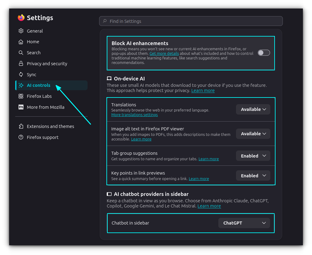 A screenshot showing the Firefox settings where the AI related setting is turned on.