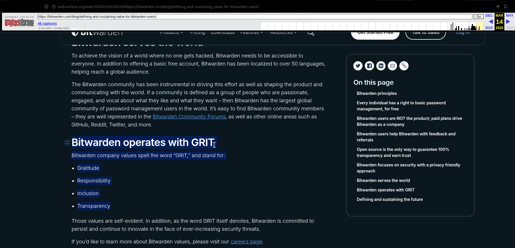 this is a cropped screenshot of the wayback machine on internet archive that shows a blog by bitwarden explaining the original meaning of their GRIT principles