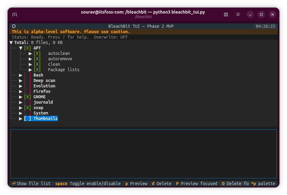 a list of files are shown in the alpha tui version of bleachbit inside a terminal window on ubuntu 26.04 lts