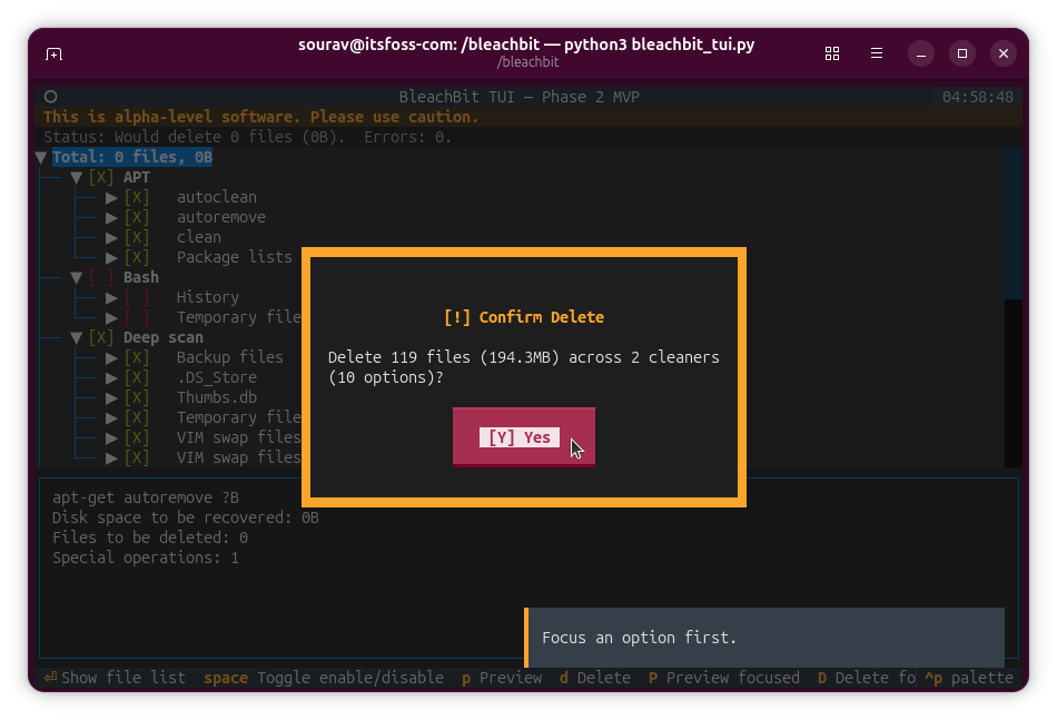 this is a picture of the alpha tui of bleachbit showing a confirm delete prompt for a non-focused delete action (this was done without sudo, so it failed)