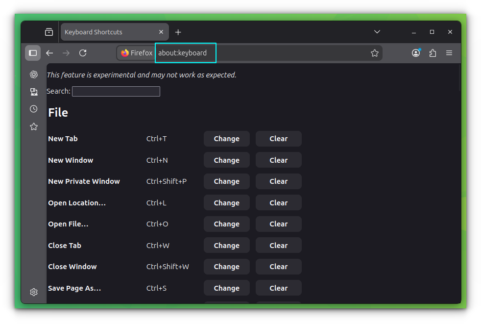 Keyboard shortcut settings page in Firefox