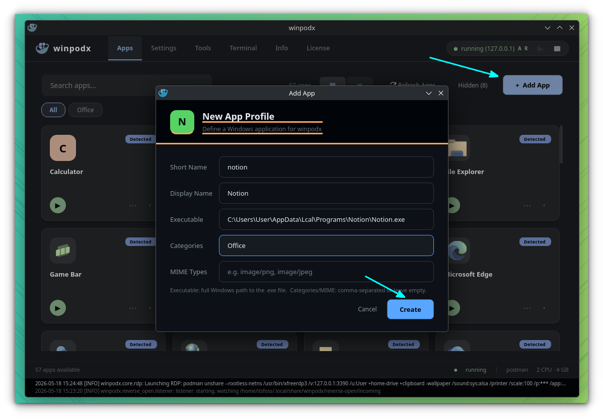 Create an App profile for the Notion app using the Winpodx GUI Settings.