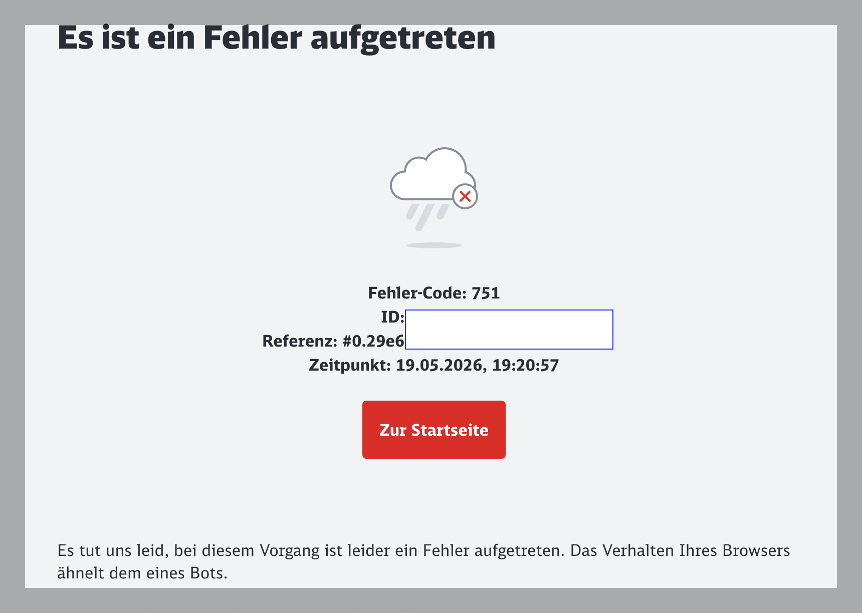 an error page is shown here for the deutsche bahn website, all of it is in deutsche, and the error code is 751