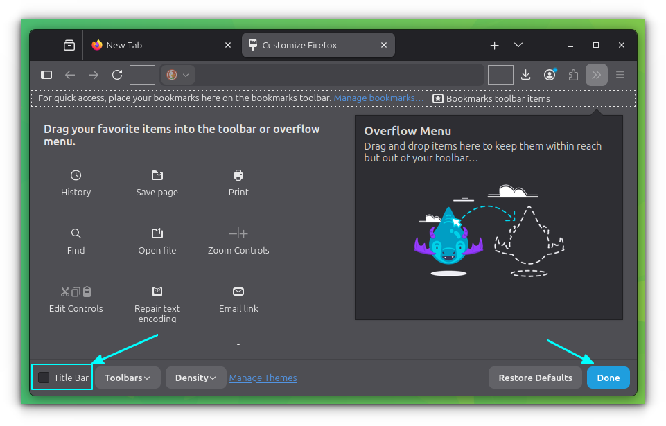 Disable the titlebar in Customize Toolbar settings in Firefox.