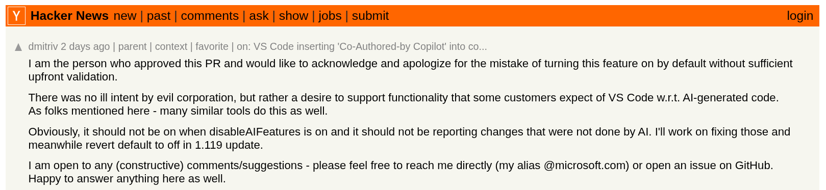 a small screenshot that shows an apology post by dmitriy vasyura who had enabled copilot attribution by default on vscode