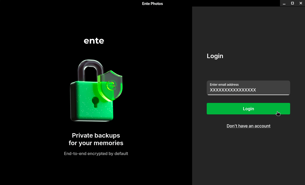 the login screen for ente photos' linux client is shown here, there is a space to enter the email address