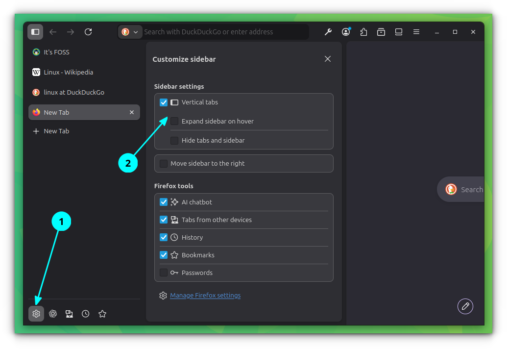 Hover over to expand and collapse the tab bar in Firefox.