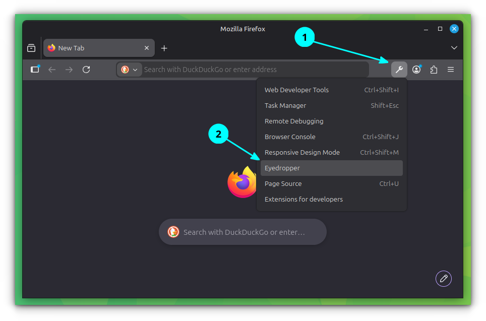 A screenshot showing the Developer item in the toolbar. Click on it to access the Eyedropper tool with one click.