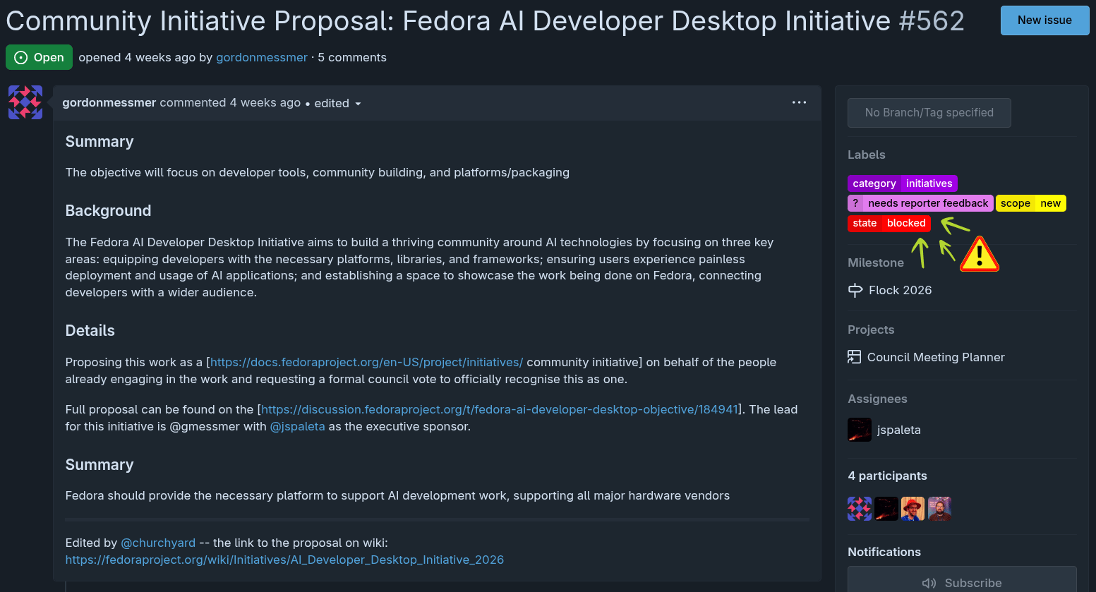 this picture shows an open ticket on forge.fedoraproject.org, titiled "Community Initiative Proposal: Fedora AI Developer Desktop Initiative #562" which has been blocked (visible on the right)
