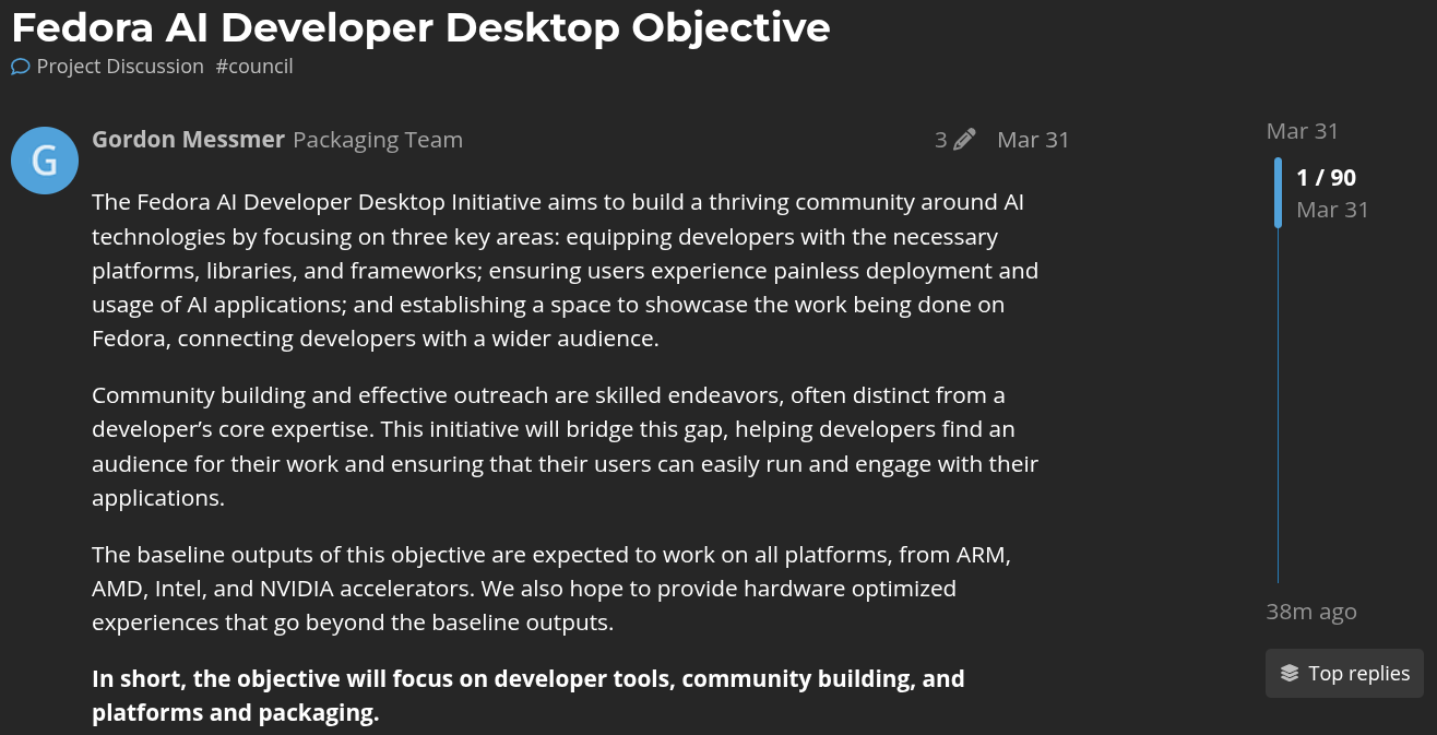 a cropped screenshot of a discourse post by gordon messmer, a member of the fedora packaging team