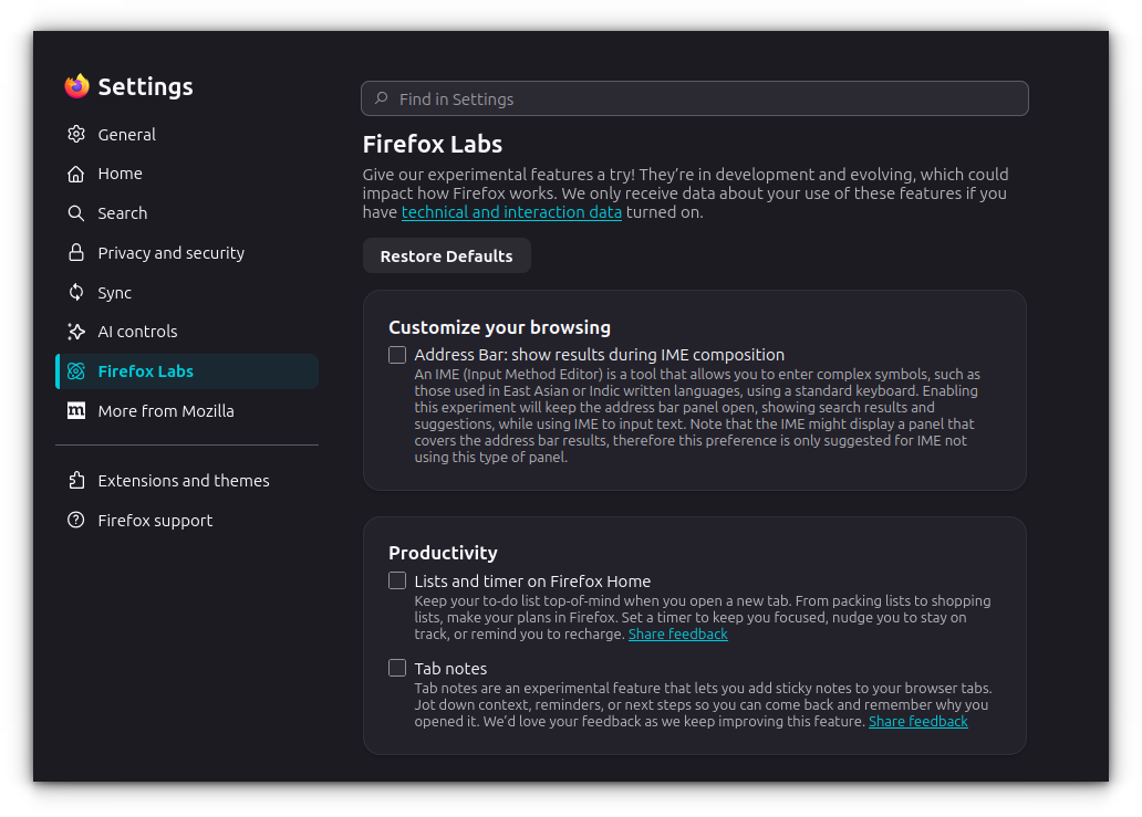 Firefox Labs settings in the settings page.