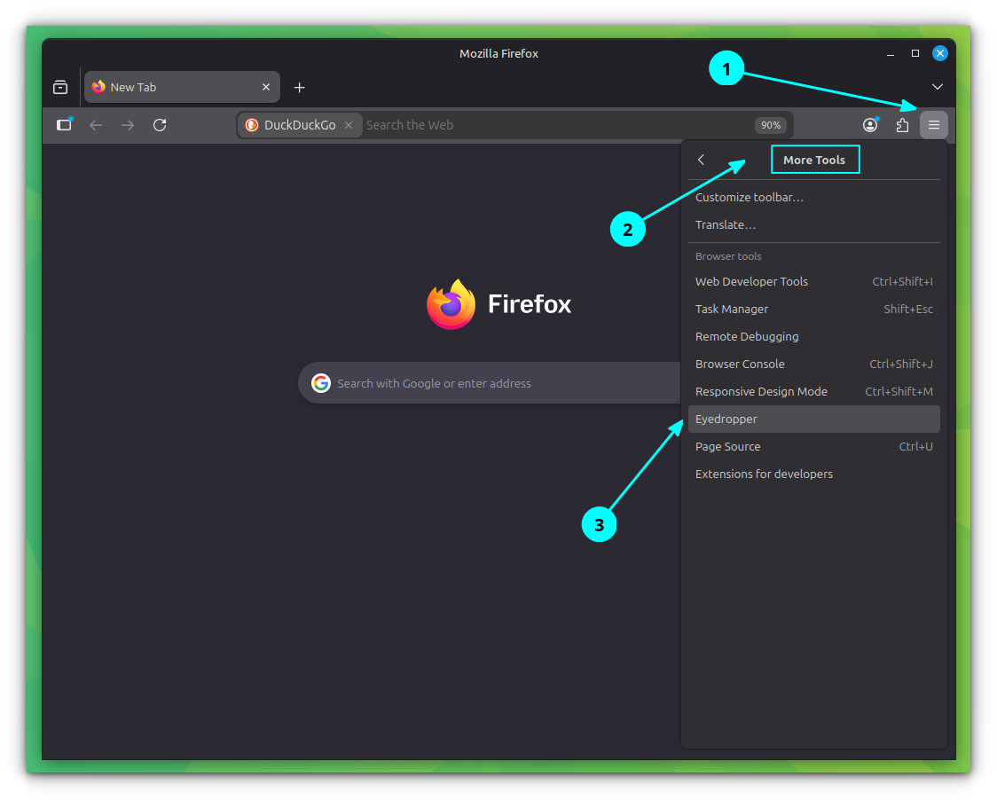 A screenshot showing the Firefox menu. Here, go to More Tools and select Eyedropper.