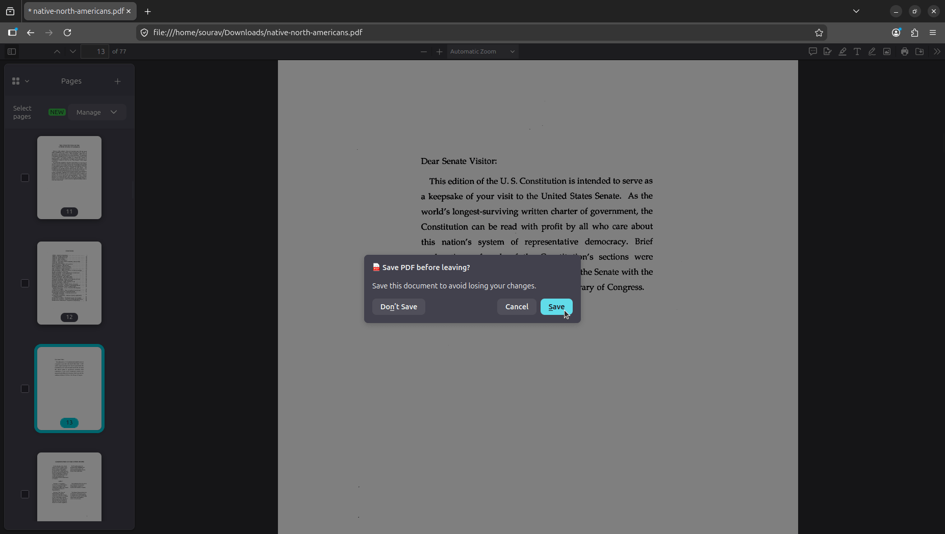 a save-before-quit prompt is visible in a firefox app window with a pdf file open