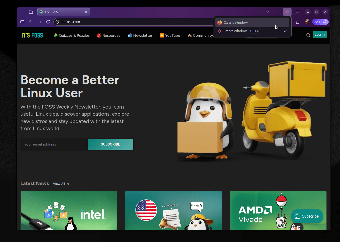 the classic window and smart window switcher is visible on the top-right of this firefox screenshot