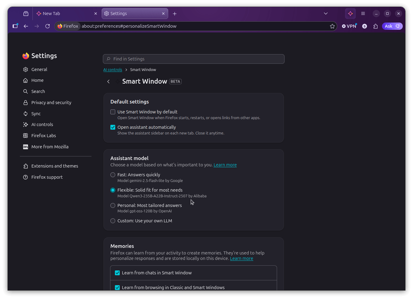 the smart window settings menu on firefox that shows many options under it
