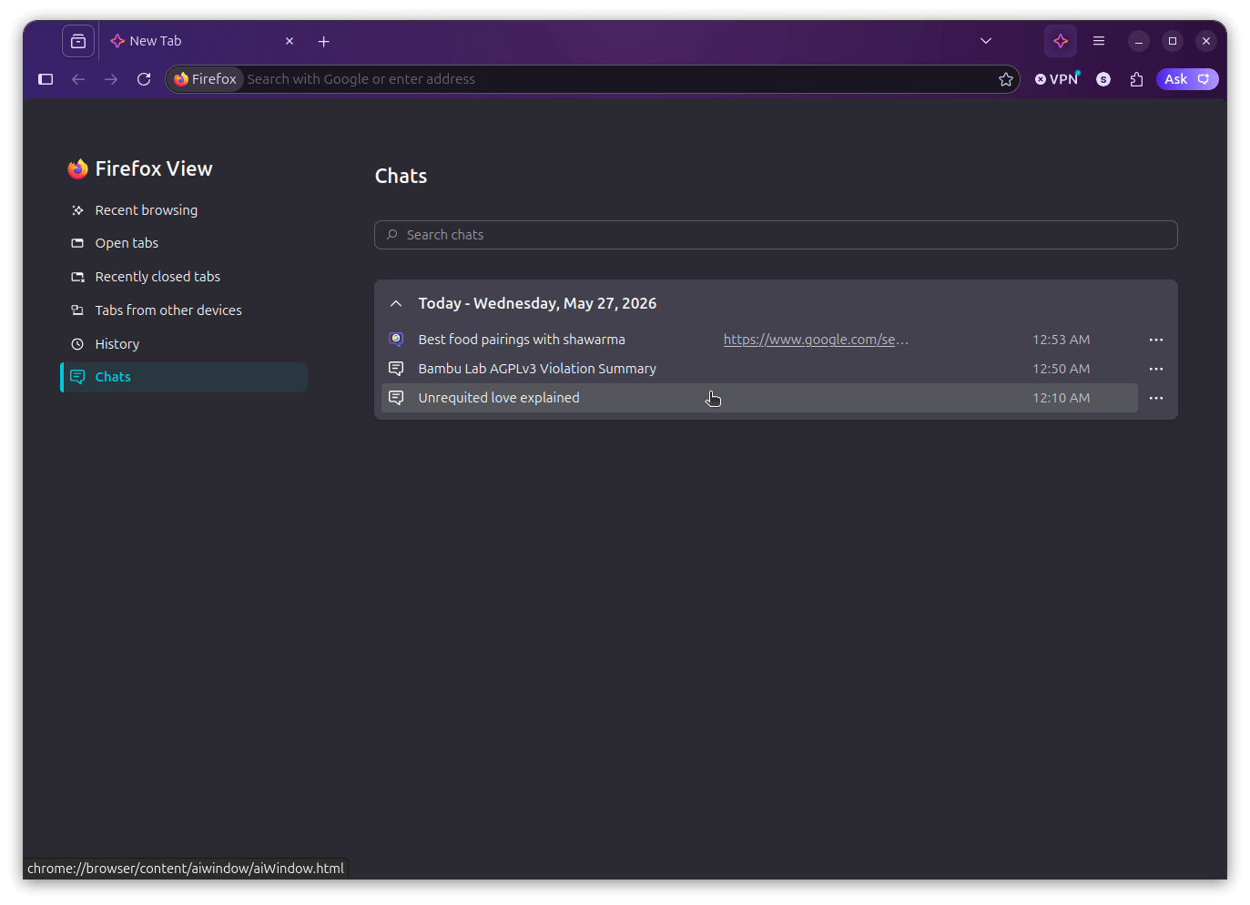 the chats history page for firefox smart window