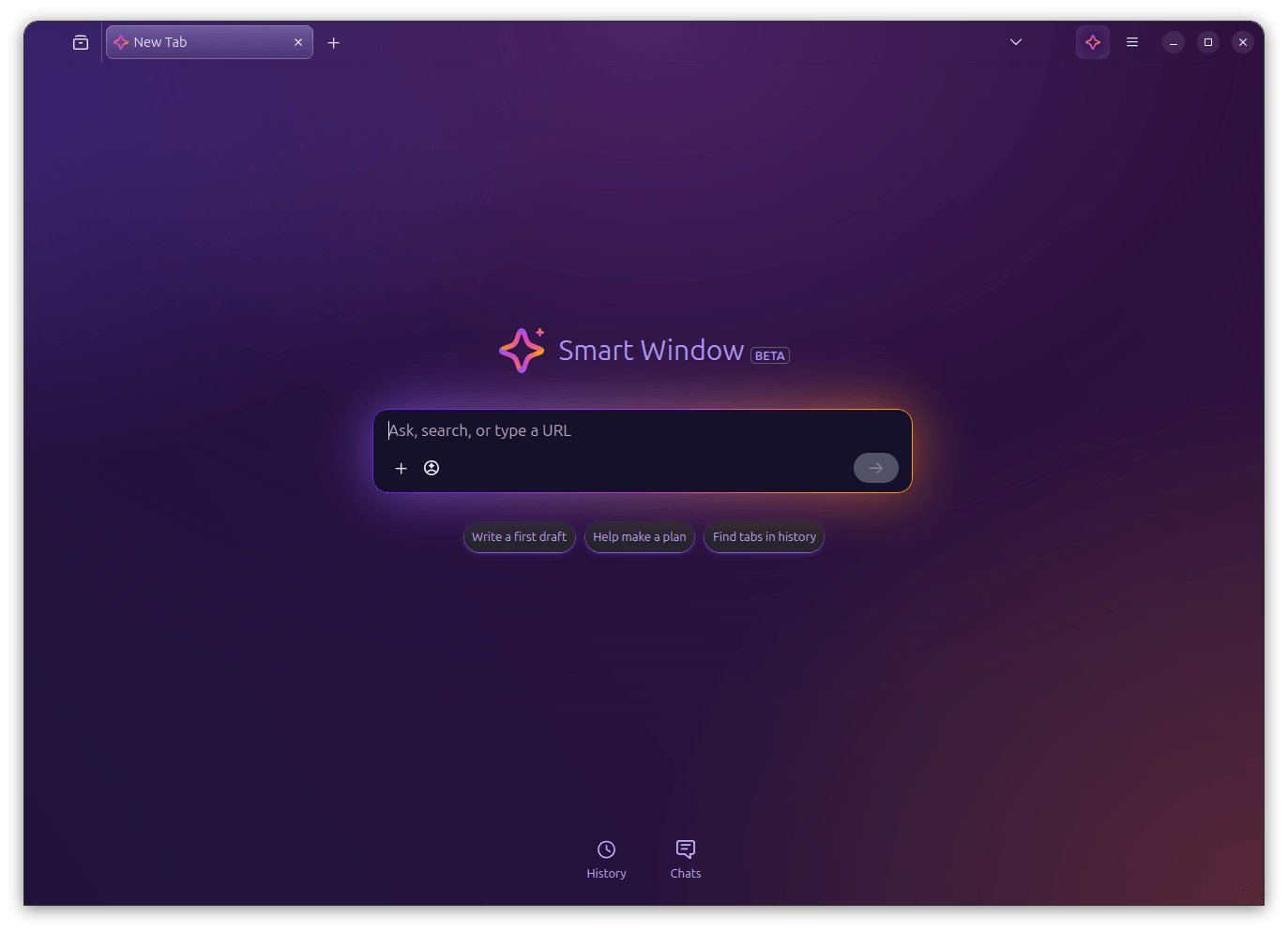 screenshot that showcases an empty chat message box inside firefox's smart window