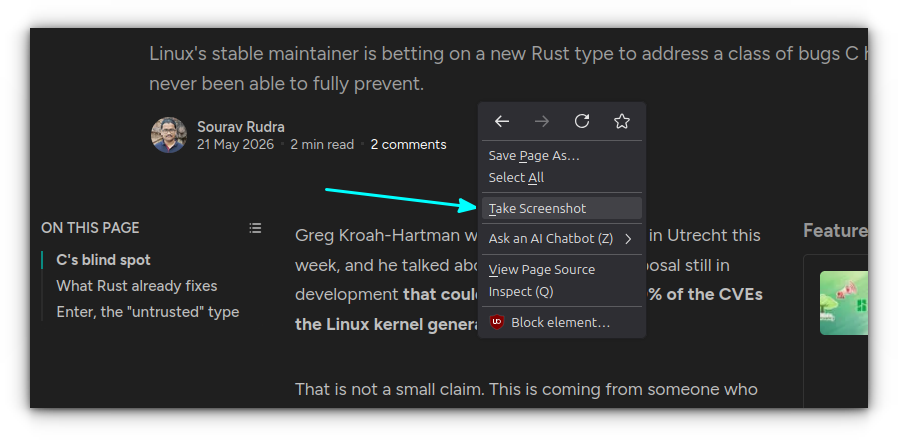 A screenshot showing the Take Screenshot option in right-click menu.