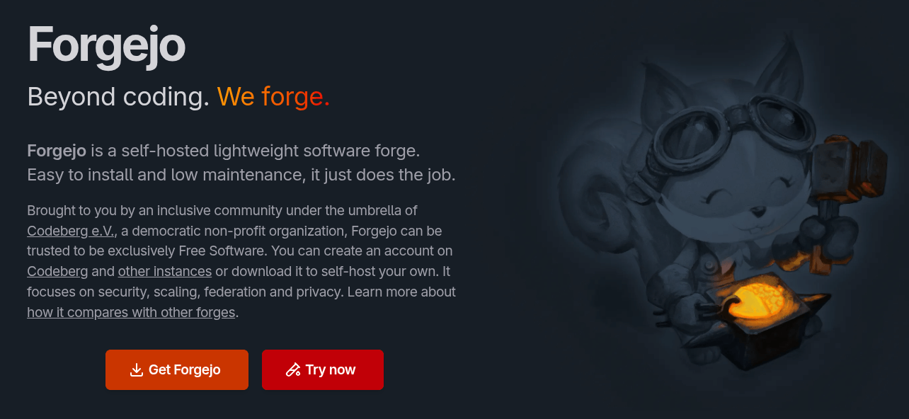 this cropped screenshot of the forgejo official website shows a bunch of text and buttons on the left, on the right is the project's squirrel mascot