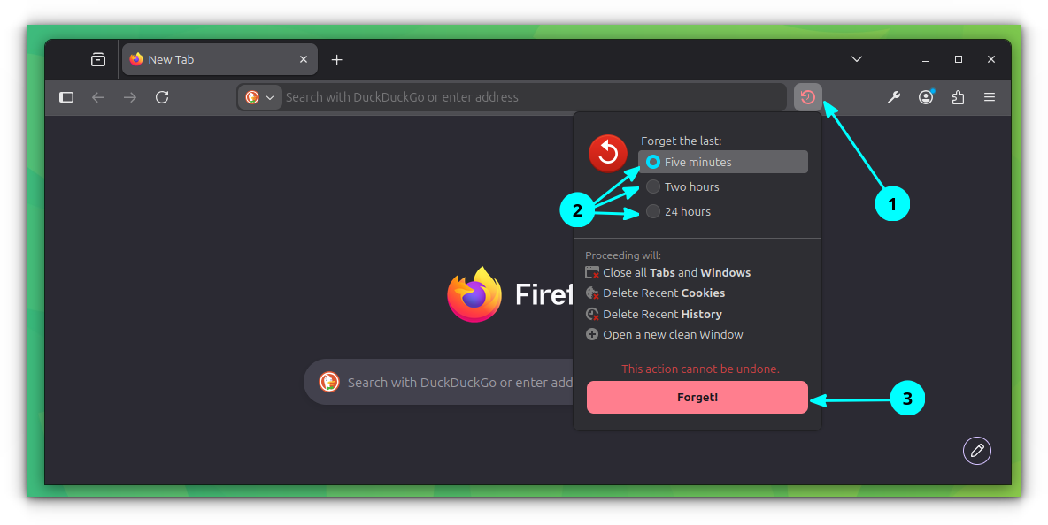 Forget history based on a time span in Firefox.