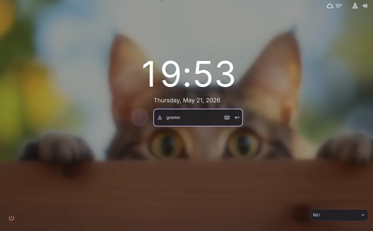 Greetd login screen for Dank Linux environment with Niri Window manager