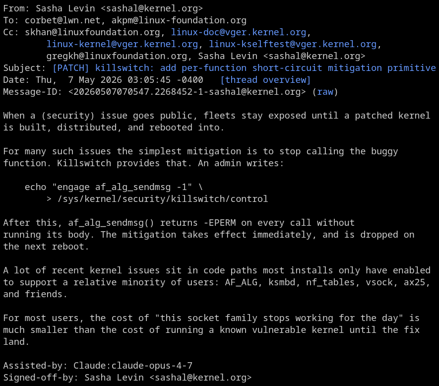 this cropped screenshot shows a post by sasha levin on the linux kernel mailing list regarding his killswitch proposal
