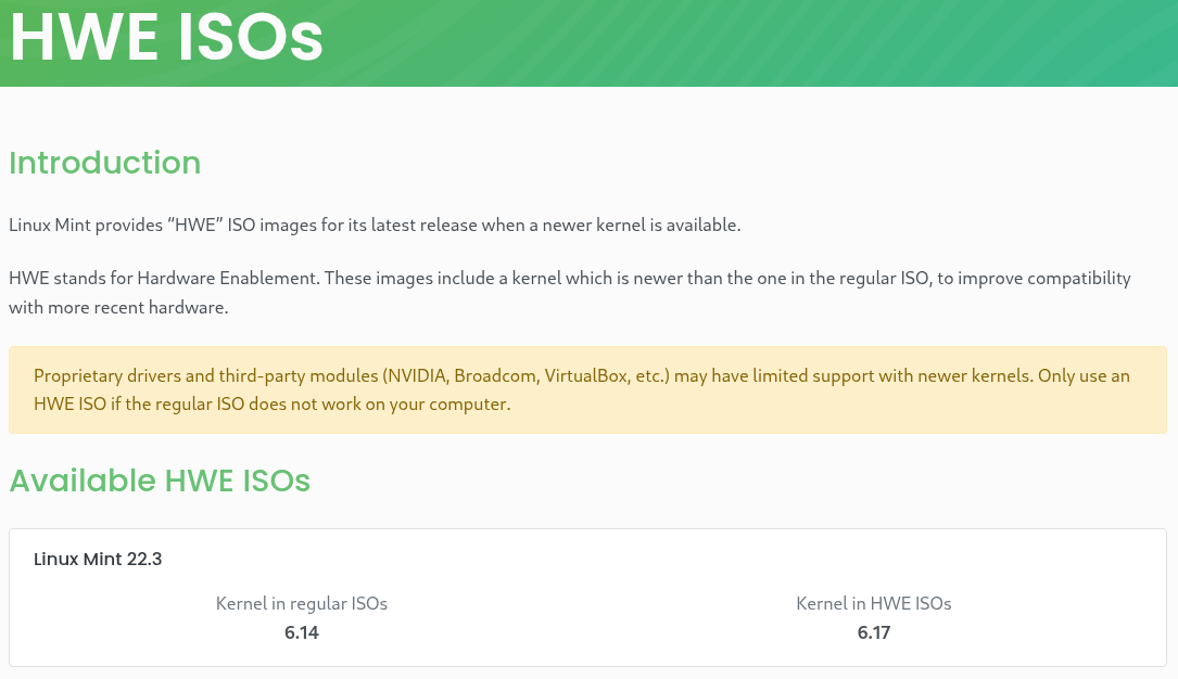 a cropped screenshot of the hwe isos page on linux mint's official website