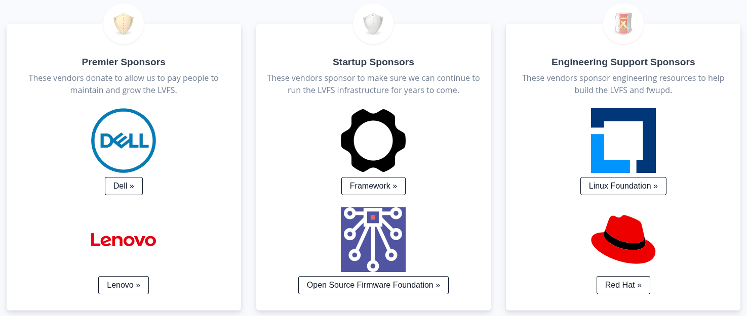 this picture shows the may 2026 sponsors, the premier sponsors include dell and lenovo, the startup sponsors are framework and open source firmware foundation, and the engineering support sponsors are the linux foundation and red hat
