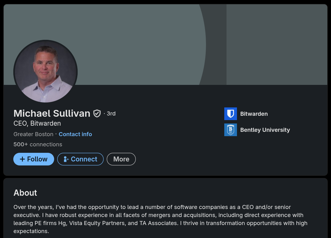 a cropped screenshot of michael sullivan's linkedin profile, with the about section visible
