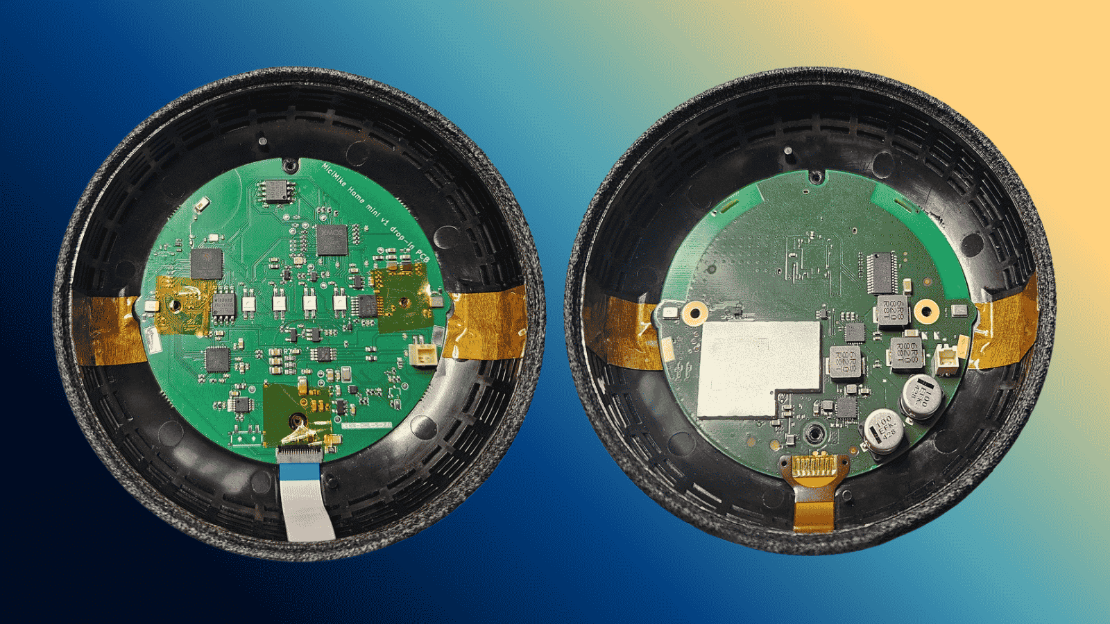 against a mixed blue/yellow background, both sides of the micimike home mini pcb board are shown, showing it installed inside a home mini 1st gen enclosure