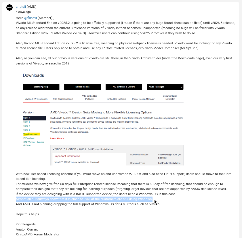 this is a long screenshot of a forum reply by anatoli curran, a forum moderator for xilinix and amd, the highlighted part shows a 70% customers of vivado are on windows claim