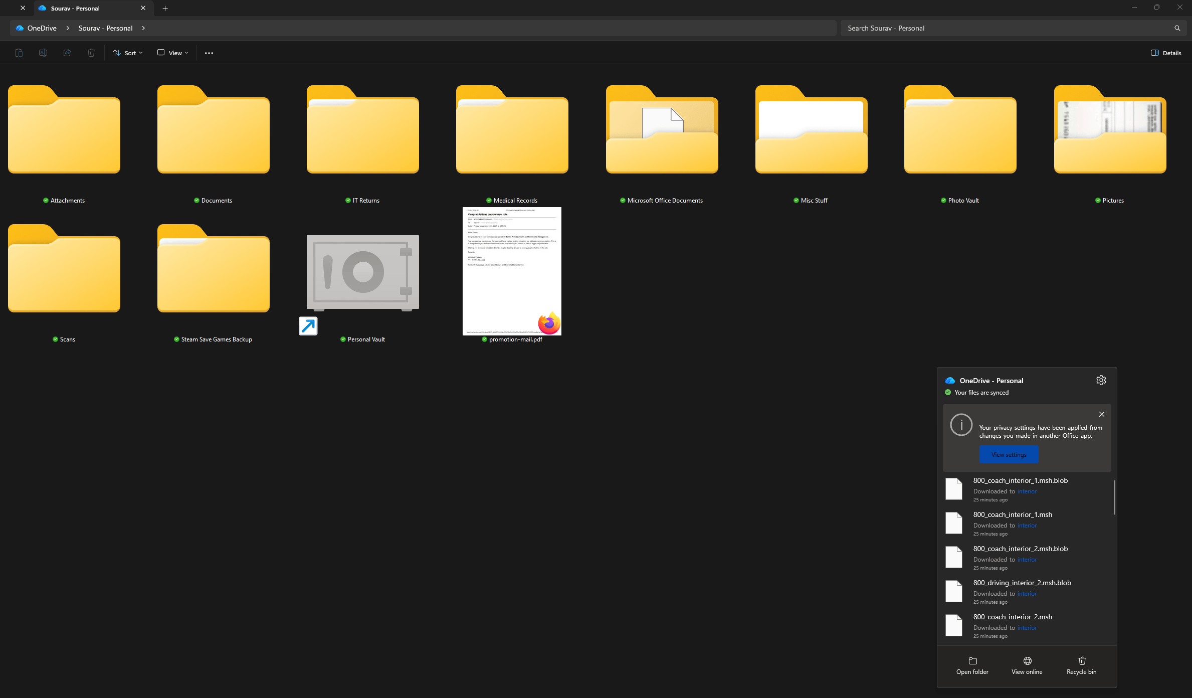 the file manager of windows 11 is shown here, with many folders, all of them show a green checkmark, on the bottom-right, the onedrive app's backup progress interface is visible