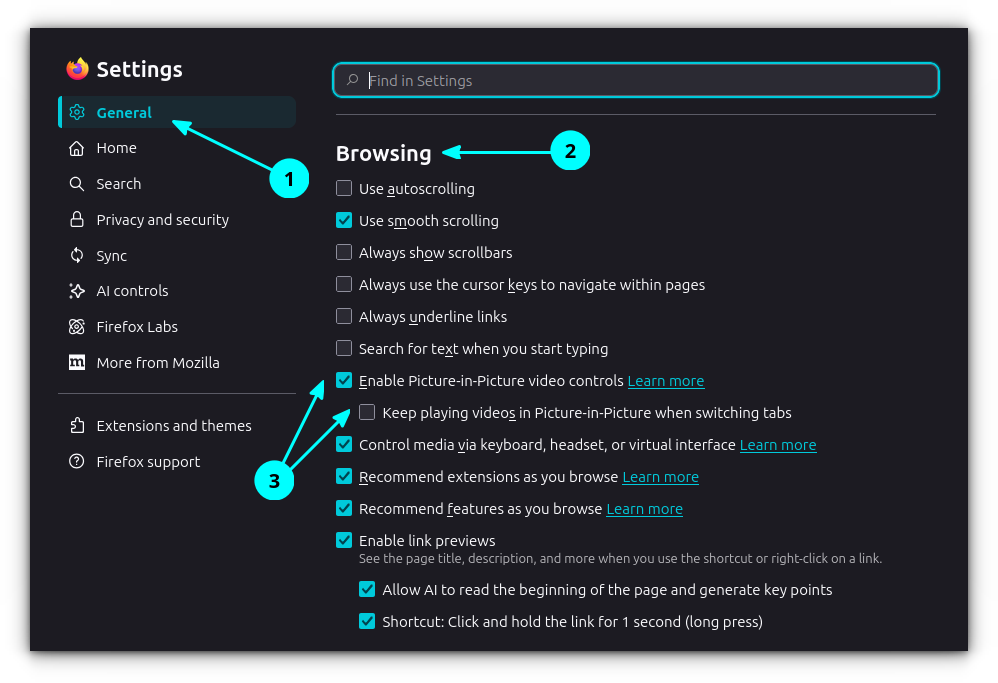 Enable Picture in Picture mode settings in Firefox Browser settings page.