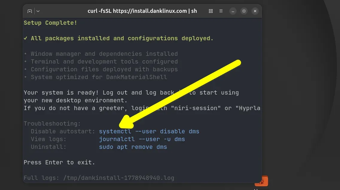 Screenshot showing successful installation of Dank Linux with Niri 
