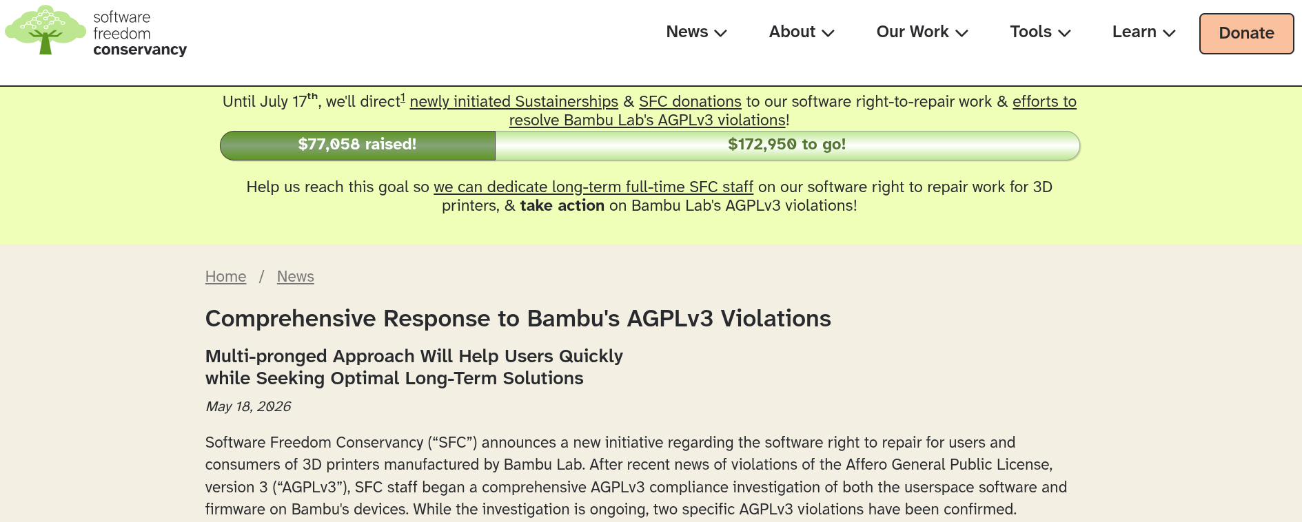 this shows a cropped screenshot of the software freedom conservancy with a blog titled "comprehensive respons to bambu's agplv3 violations."
