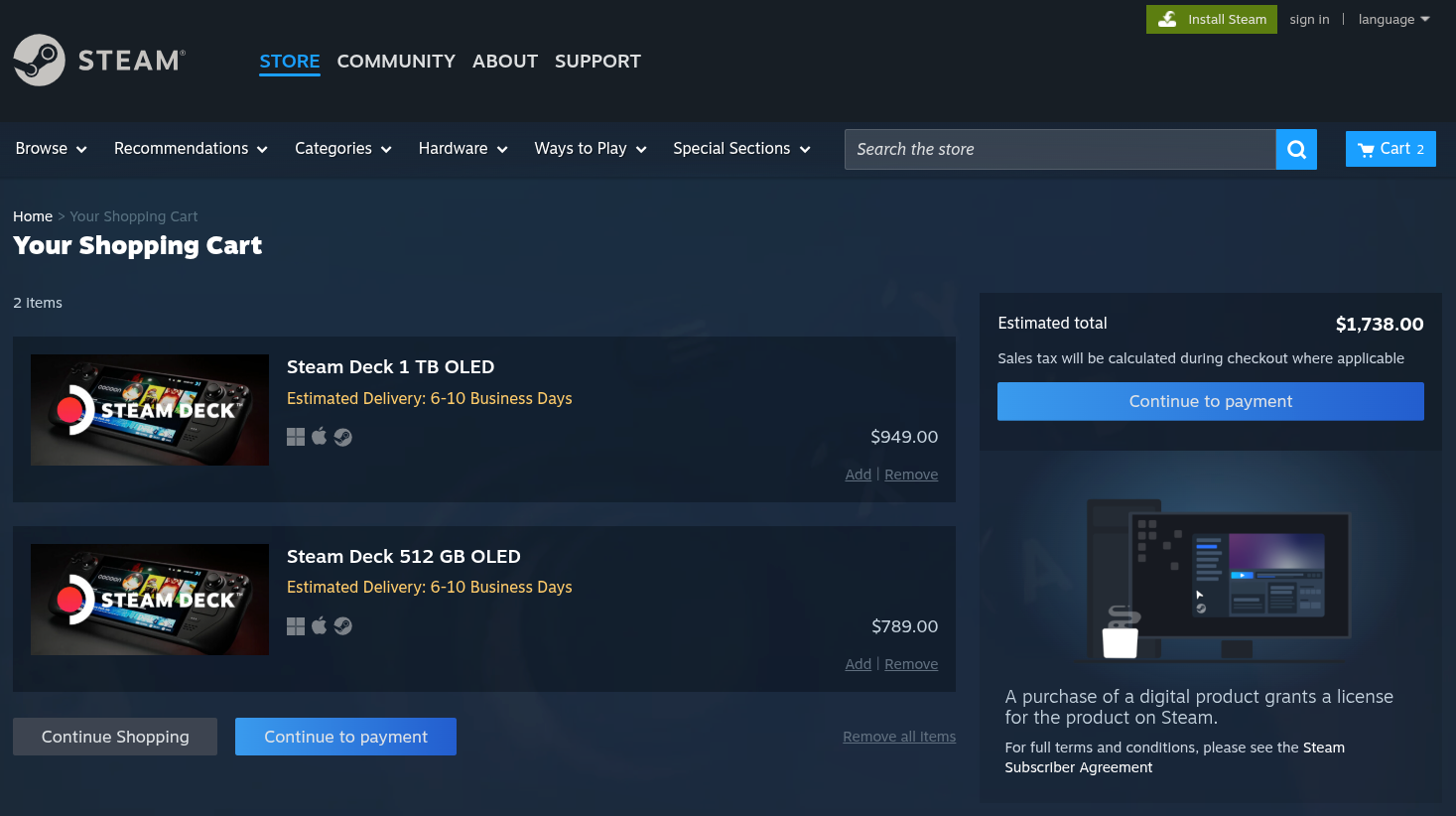 the shopping cart on the steam store is shown here with two items added; the 512gb and 1tb versions of the steam deck oled