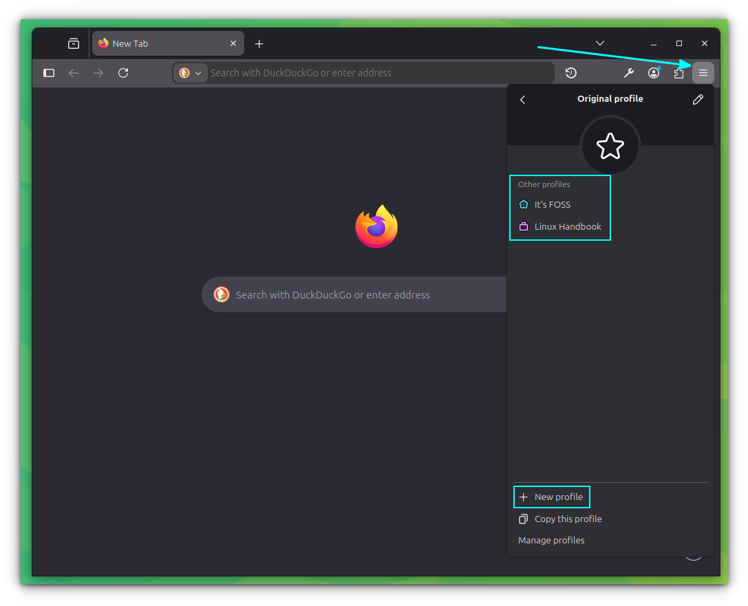 Switching profiles in Firefox using the Firefox menu.