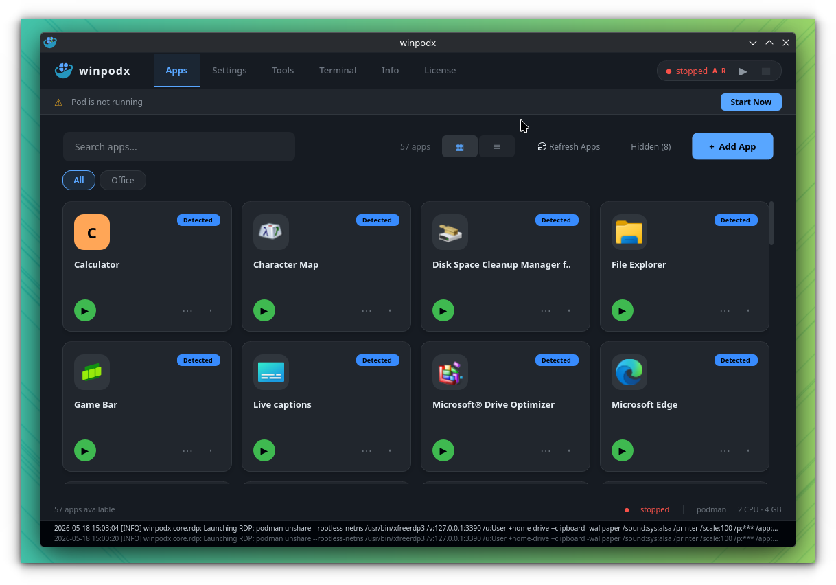 The Winpodx GUI settings, which is a Qt application used to manage the Windows inside a Pod.
