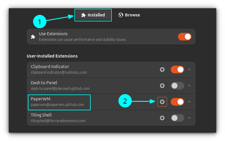 Use the settings gear adjacent to the PaperWM in Extension Manager application's Installed section. This will open the extension's settings in a new dialog box.