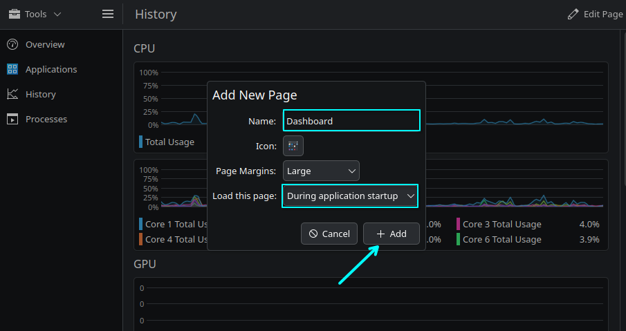 Enter a name, choose an icon, and set the page to load during System Monitor startup before clicking Add.