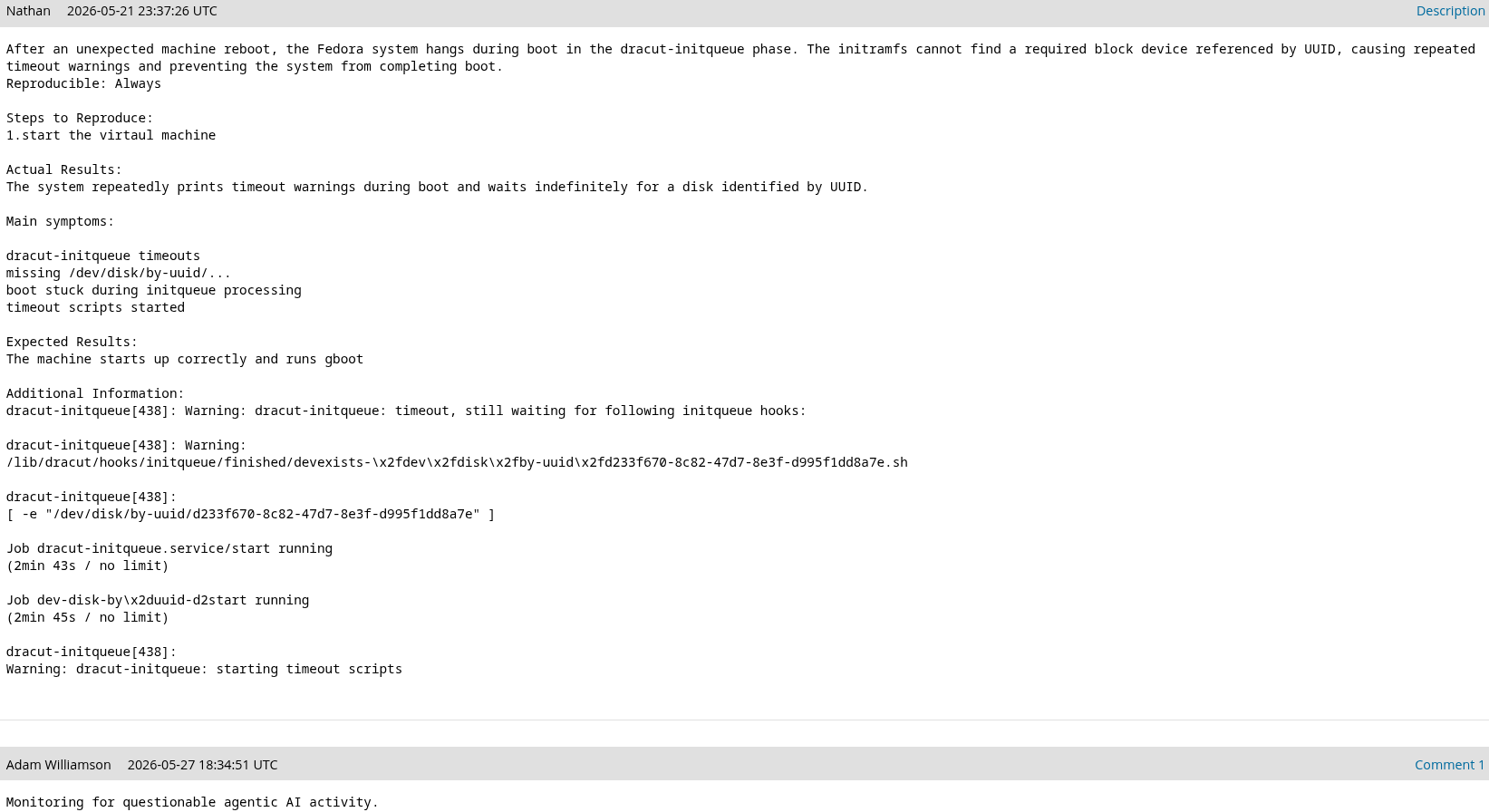 a bug report that has a wall of text, followed by a reply that accuses the report of being ai generated