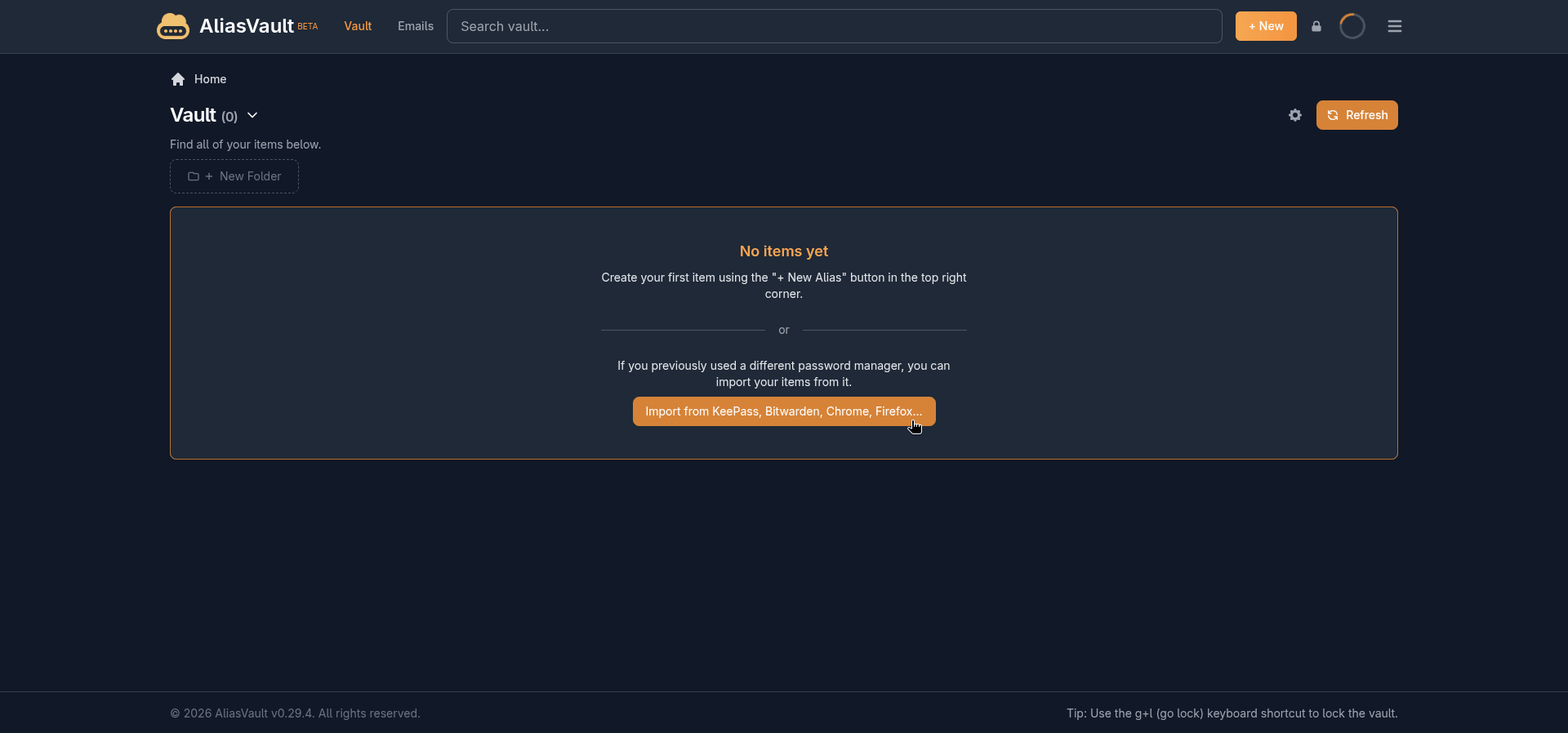 this screenshot shows the button on aliasvault for importing passwords from other services