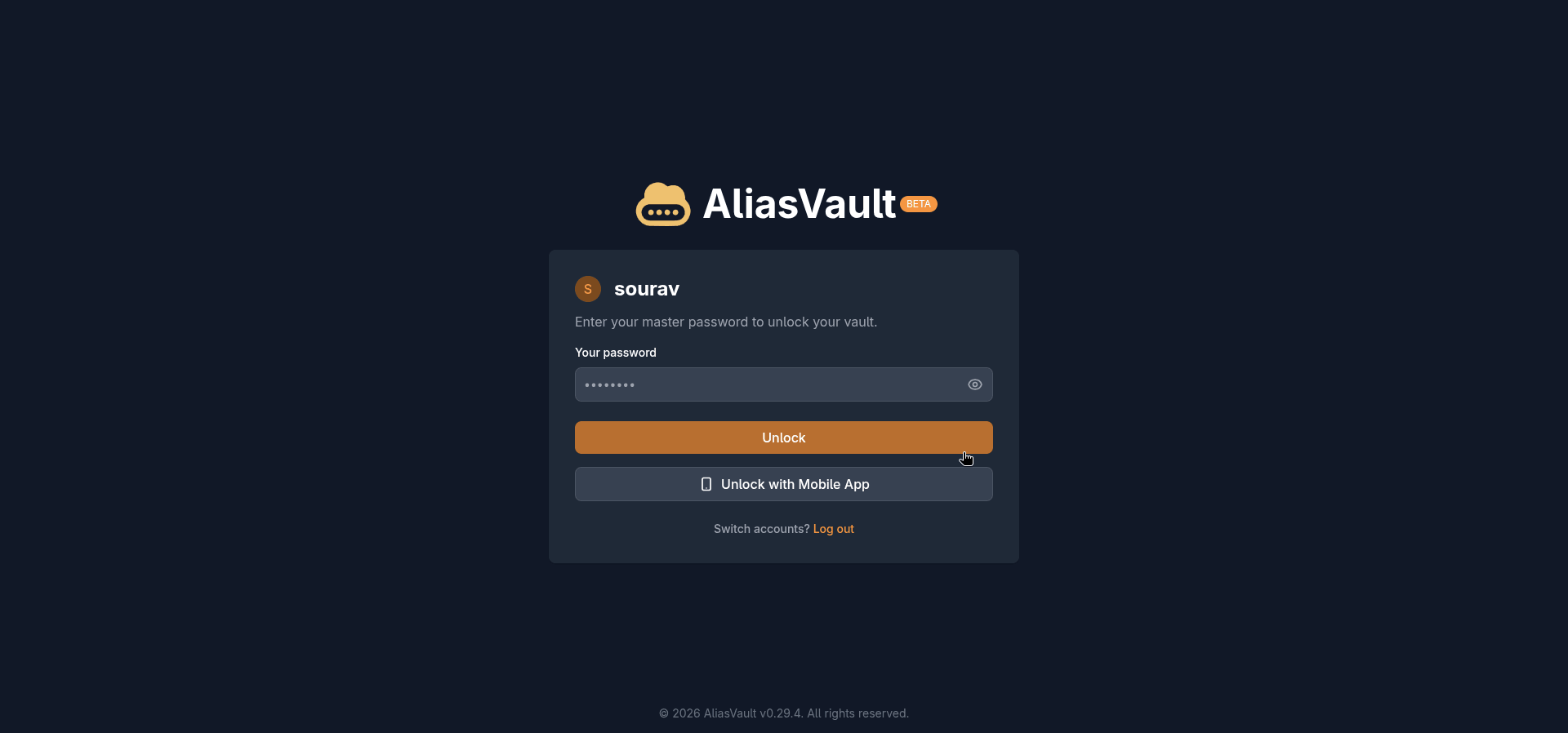 aliasvault login screen is shown here for a locked vault