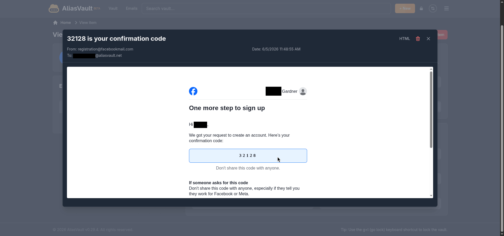this screenshot shows an signup otp email from facebook on an alias mail id on aliasvault