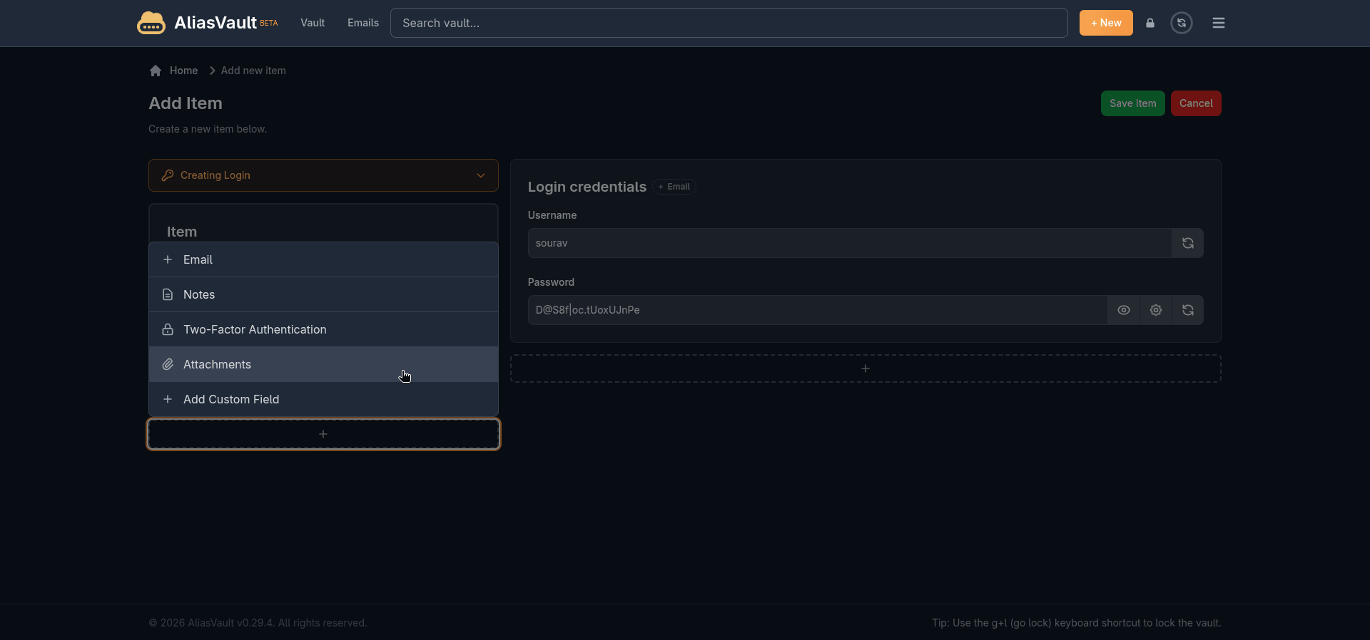 this picture is showing what options the add (+) button on the left sidebar shows when adding a new item to aliasvault