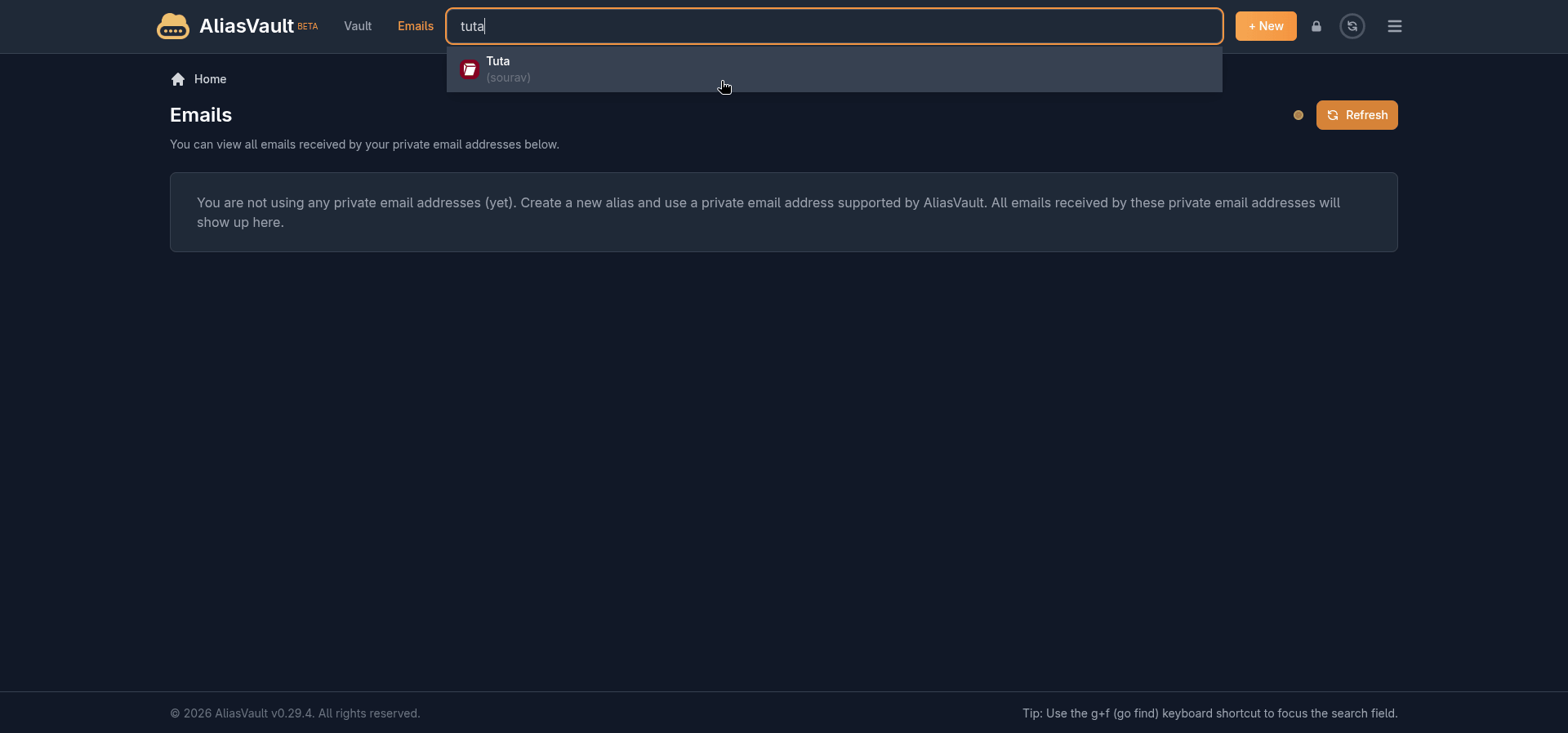 the search functionality on aliasvault