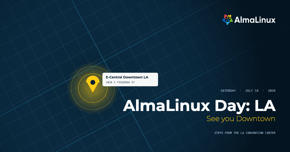 a dark blue-colored banner that shows some details for almalinux day: la 