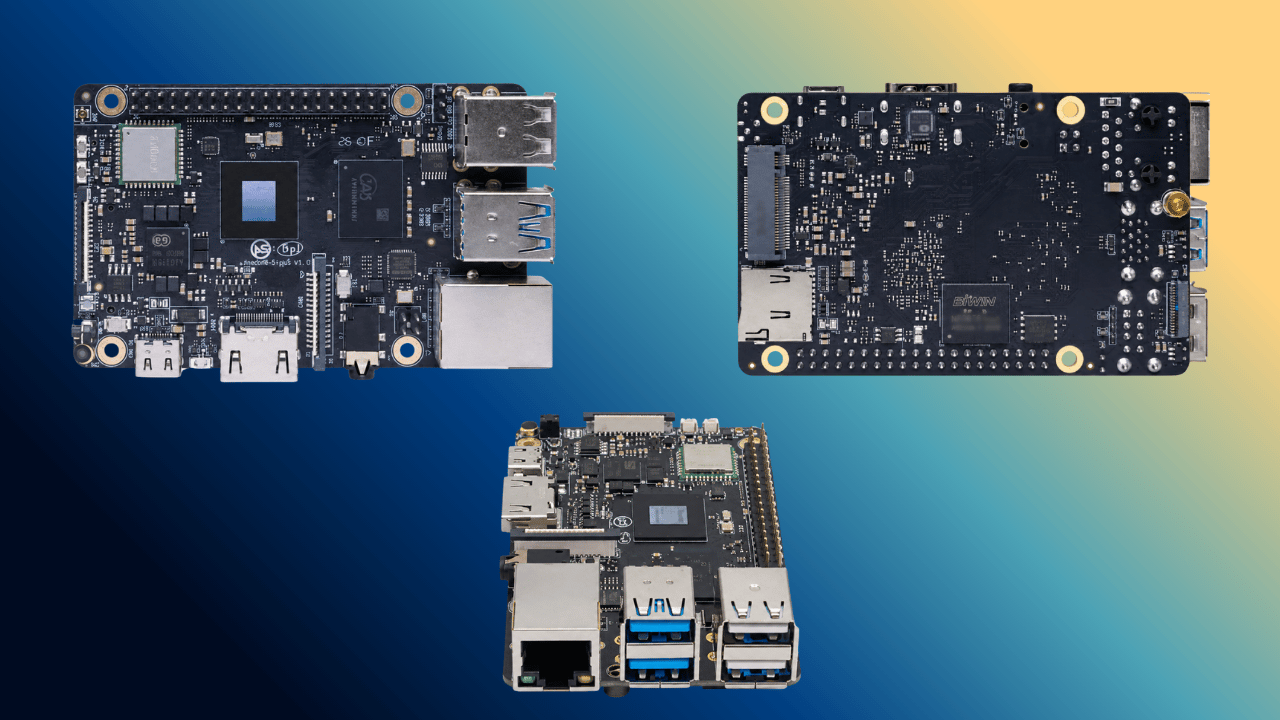 three views of the armsom sige6 board are shown here, top, back, and side (ports)
