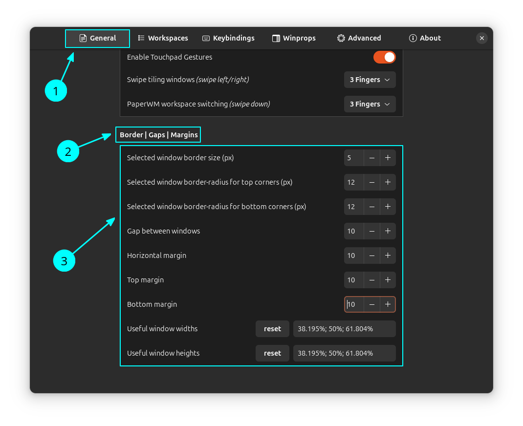 Border related settings for the PaperWM extension. You can fine tune the gaps, margin, etc. through this settings.