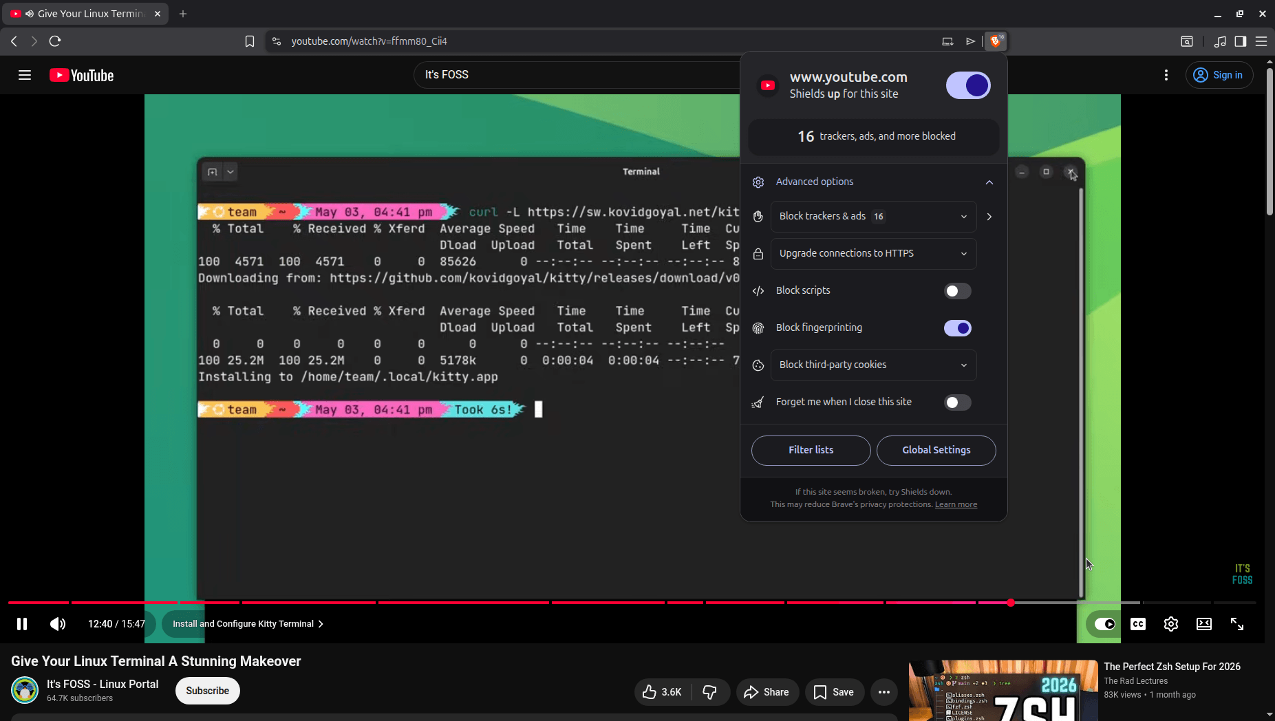 the brave shields widget is visible in this picture against a youtube video being played in the background